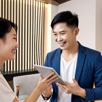 ** A modern, light-filled apartment in a bustling Asian city (e.g., Shanghai or Singapore). The interior is sleek and minimalist, with a focus on natural materials. A young, confident interior designer (male or female) is presenting design plans on a tablet to a smiling, well-dressed client. This visual represents the growing interior design market in Asia and the skills required (CAD, design, and language). Keywords: modern apartment, Asian city, interior design presentation, confident designer, client meeting, international career.

**