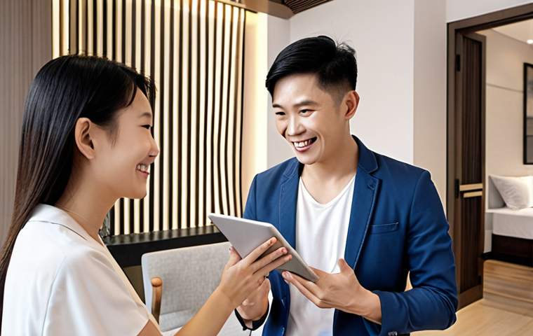 ** A modern, light-filled apartment in a bustling Asian city (e.g., Shanghai or Singapore). The interior is sleek and minimalist, with a focus on natural materials. A young, confident interior designer (male or female) is presenting design plans on a tablet to a smiling, well-dressed client. This visual represents the growing interior design market in Asia and the skills required (CAD, design, and language). Keywords: modern apartment, Asian city, interior design presentation, confident designer, client meeting, international career.

**
