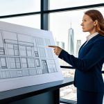 A skilled professional interior designer, fully clothed in a modest business suit, stands confidently in a modern architectural design studio. She is pointing at a large blueprint spread across a desk, engaged in a serious discussion about structural elements with a client. The background features architectural models and large windows looking out onto a city skyline. The lighting is bright and professional. safe for work, appropriate content, fully clothed, professional, perfect anatomy, correct proportions, natural pose, well-formed hands, proper finger count, natural body proportions, professional dress, high quality, realistic photography.