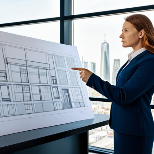 A skilled professional interior designer, fully clothed in a modest business suit, stands confidently in a modern architectural design studio. She is pointing at a large blueprint spread across a desk, engaged in a serious discussion about structural elements with a client. The background features architectural models and large windows looking out onto a city skyline. The lighting is bright and professional. safe for work, appropriate content, fully clothed, professional, perfect anatomy, correct proportions, natural pose, well-formed hands, proper finger count, natural body proportions, professional dress, high quality, realistic photography.