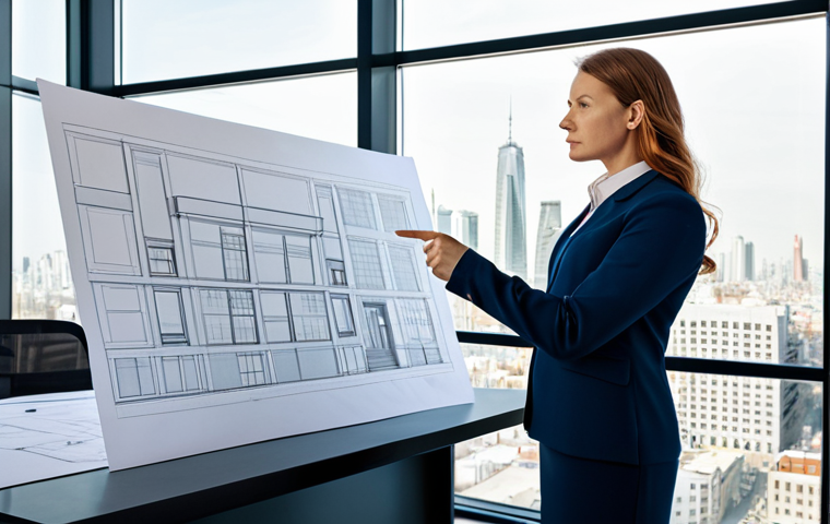 A skilled professional interior designer, fully clothed in a modest business suit, stands confidently in a modern architectural design studio. She is pointing at a large blueprint spread across a desk, engaged in a serious discussion about structural elements with a client. The background features architectural models and large windows looking out onto a city skyline. The lighting is bright and professional. safe for work, appropriate content, fully clothed, professional, perfect anatomy, correct proportions, natural pose, well-formed hands, proper finger count, natural body proportions, professional dress, high quality, realistic photography.