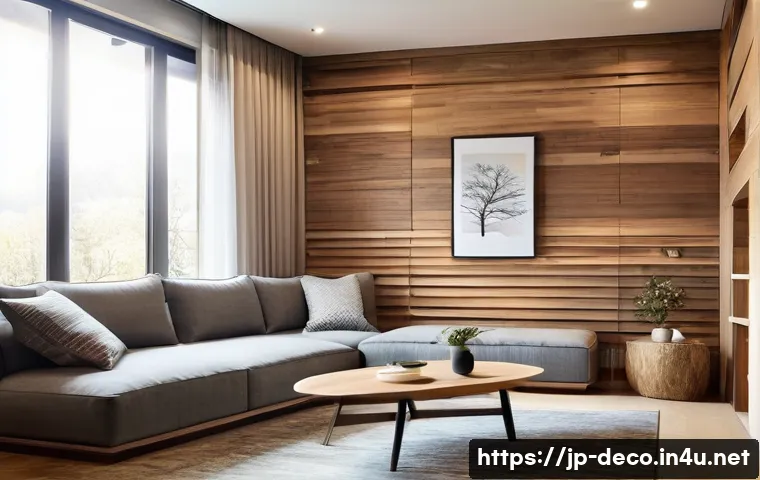 인테리어 코디네이터가 알아야 할 최신 트렌드 - A warm and inviting modern living room featuring natural solid wood wall panels with thin slices of ...
