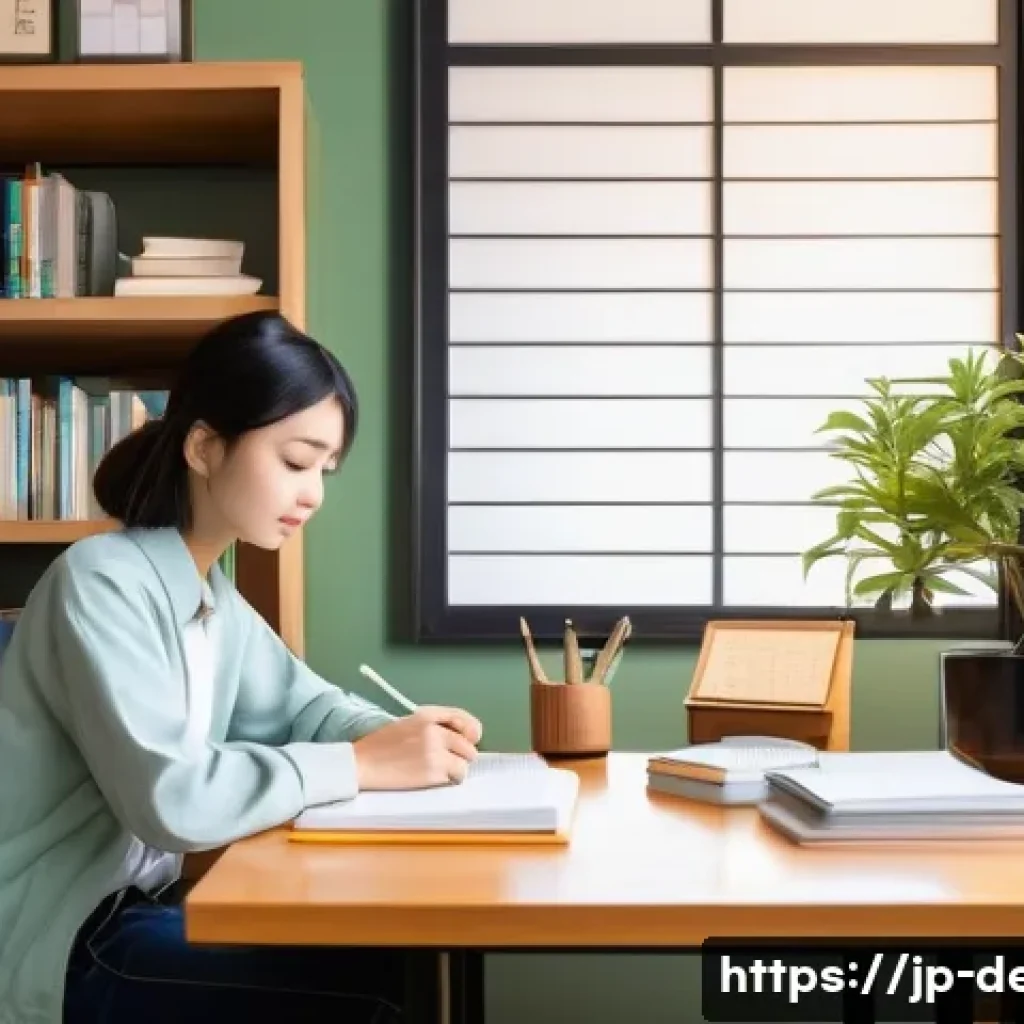인테리어 코디네이터 자격증 필기 과목 팁 - A modern Japanese study room scene showcasing a focused young adult studying interior design. The ro...
