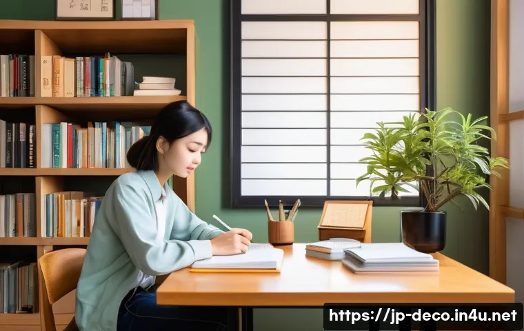 인테리어 코디네이터 자격증 필기 과목 팁 - A modern Japanese study room scene showcasing a focused young adult studying interior design. The ro...