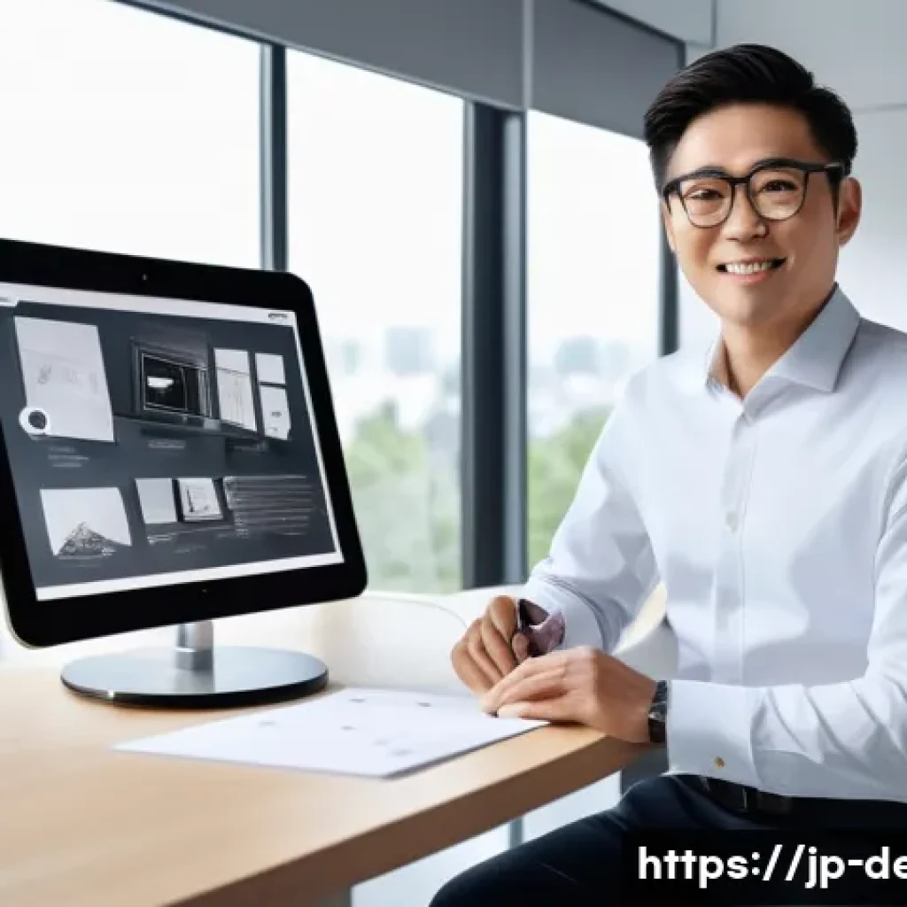 인테리어 코디네이터 경력직 이직 팁 - A professional Japanese interior coordinator in a modern office environment, presenting a sleek digi...