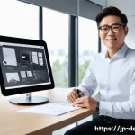 인테리어 코디네이터 경력직 이직 팁 - A professional Japanese interior coordinator in a modern office environment, presenting a sleek digi...