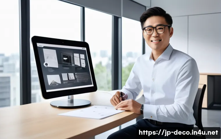 인테리어 코디네이터 경력직 이직 팁 - A professional Japanese interior coordinator in a modern office environment, presenting a sleek digi...
