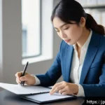 인테리어 코디네이터 직무 인터뷰 사례 - A professional interior coordinator in a modern office setting, dressed in smart casual business att...