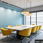 인테리어 코디네이터 색채학 기초 - A modern office meeting room designed with a calming blue color scheme emphasizing productivity and ...