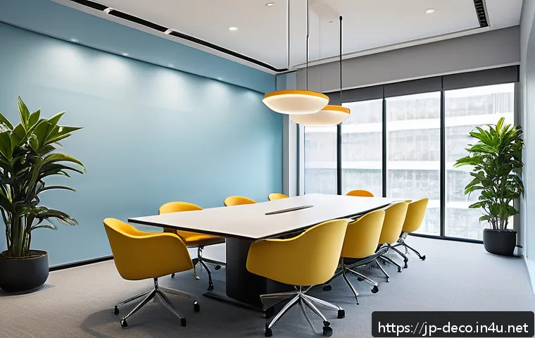인테리어 코디네이터 색채학 기초 - A modern office meeting room designed with a calming blue color scheme emphasizing productivity and ...
