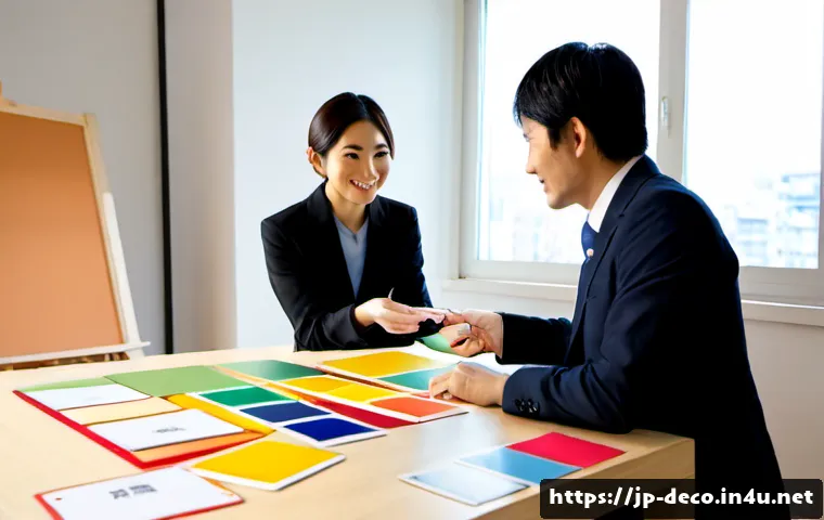 인테리어 코디네이터 이직 성공 팁 - Photorealistic Japanese interior coordinator in smart business attire presenting a curated material ...